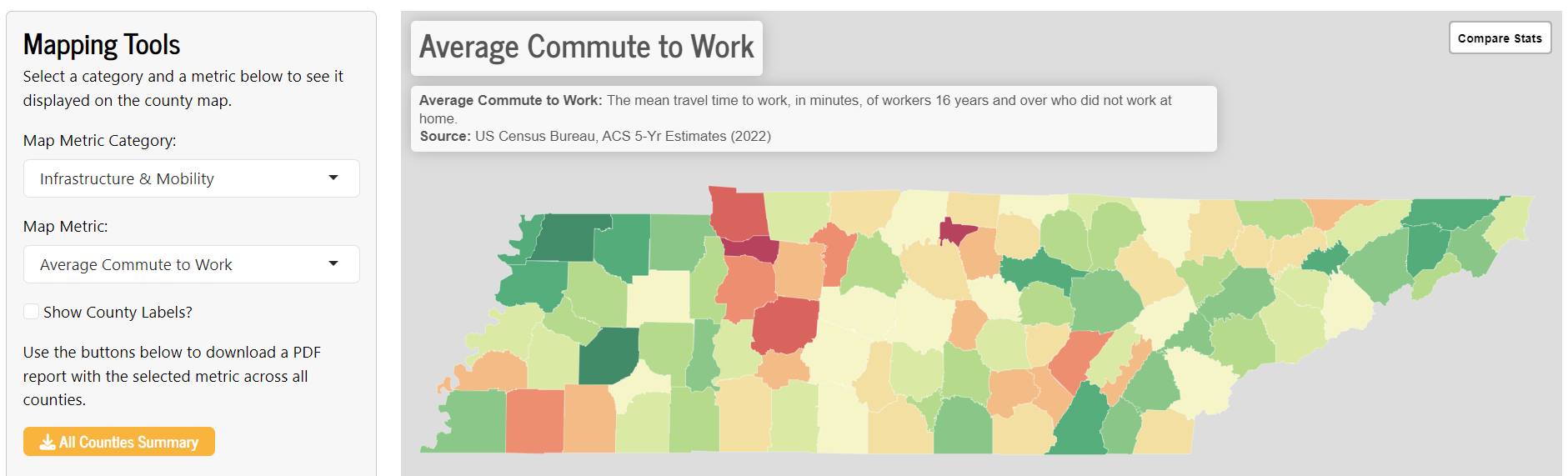 tn counties dashboard avg commute toolbar - Think Tennessee